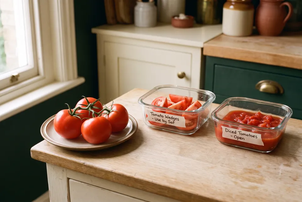 Ripe tomatoes on a plate on an oak counter beside a glass container of cut tomato wedges and an open glass container holding half a can of diced tomatoes, both labeled.