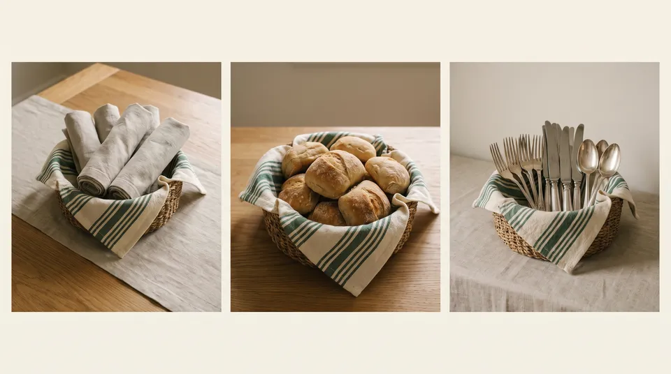 The same tea-towel-lined basket holding rolled napkins, warm dinner rolls, and forks and spoons standing upright.