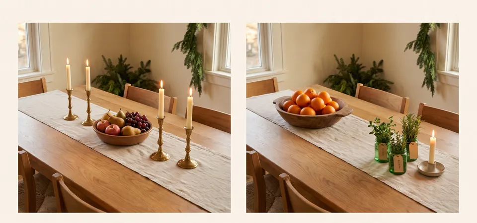 Two versions of the same table: on the left a centerpiece bowl in the exact middle with matching brass candlesticks on each side; on the right a bowl of oranges near one end balanced by three small green jars and a candle at the other.
