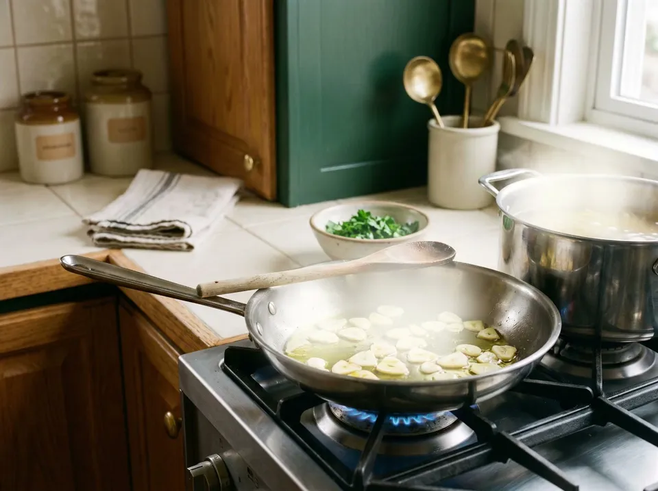 A stainless-steel skillet on a gas burner with sliced garlic in olive oil just turning pale gold, a wooden spoon on the rim, chopped parsley and a pot of pasta water behind it.