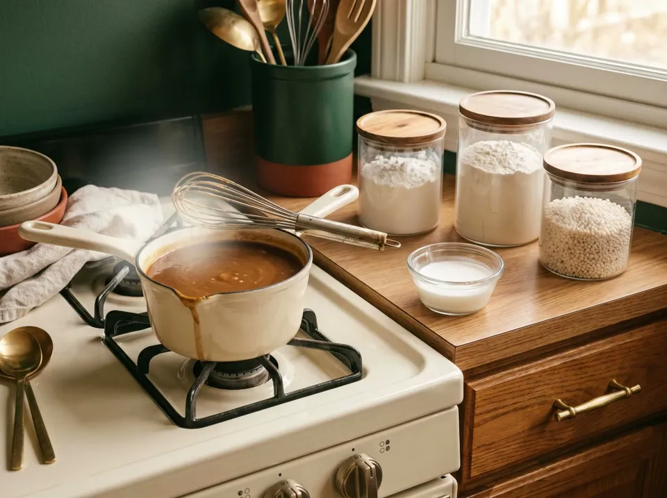 A saucepan of glossy brown gravy on a cream stove with a whisk across the rim, beside jars of cornstarch, flour and quick-cooking tapioca and a small dish of white slurry.