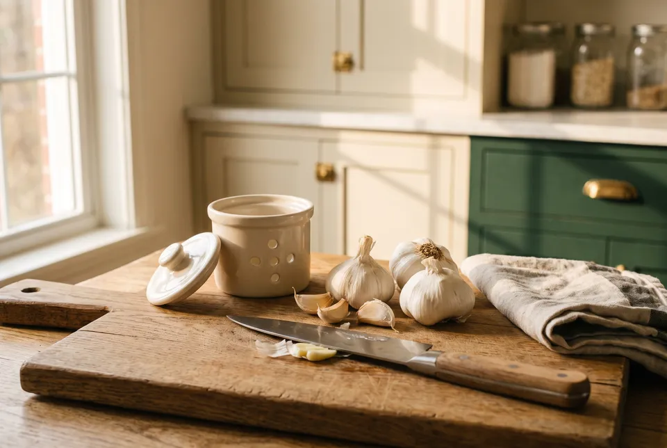 Three whole heads of garlic and a few loose cloves on an oak cutting board beside a cream stoneware garlic keeper with air holes, its lid set aside, a chef’s knife and a linen towel.