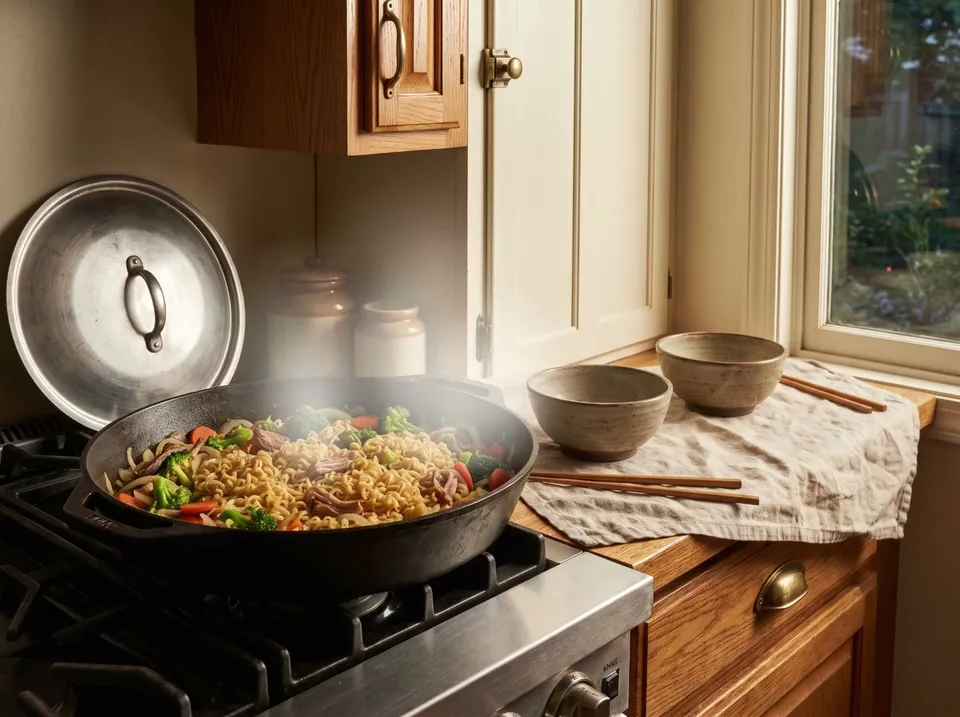A 12-inch cast-iron skillet on a stove filled with ramen noodles tossed with shredded pork, broccoli florets, sliced carrot and onion, a lid leaning nearby and two empty stoneware bowls with chopsticks on a linen napkin.