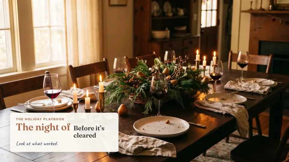 Photos follow a holiday table into storage and back: the table after dinner, notes written beside it with a photo on a phone, the candlesticks packed in a bin with a card inside, the labeled bin on a closet shelf, and a year later the bin opened and the table half set again.