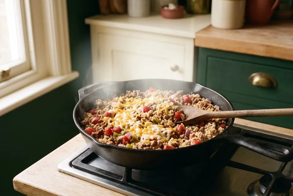 A cast-iron skillet of taco rice on the stove: browned ground turkey, brown rice, tomatoes with green chiles and onion under melted cheese, a wooden spoon resting in it.