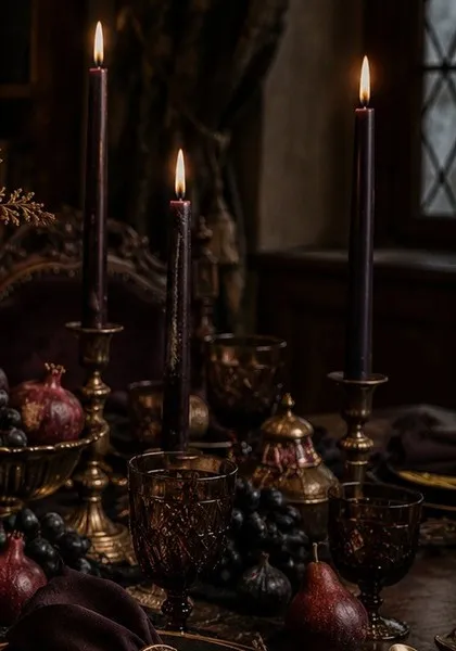 Tall plum taper candles in brass candlesticks of different heights rising beside faceted smoke-glass goblets and a brass bowl of dark grapes.