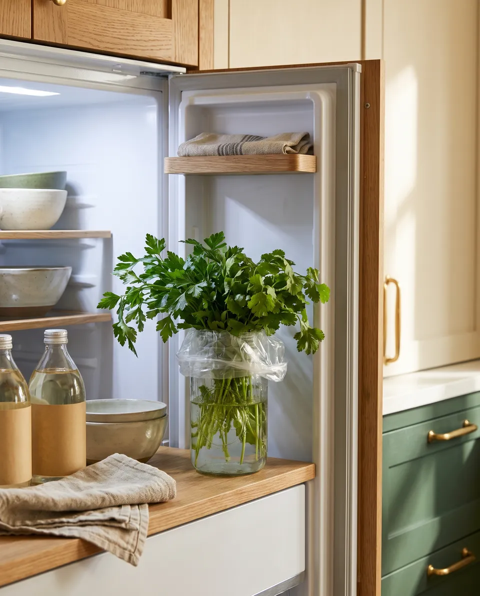 A bunch of flat-leaf parsley and cilantro standing in a glass jar with an inch of water inside an open refrigerator, a clear produce bag loosely over the leaves.
