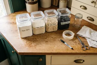 Four clear square canisters of flour, rice, oats and black beans on a butcher-block counter, each labeled on masking tape.