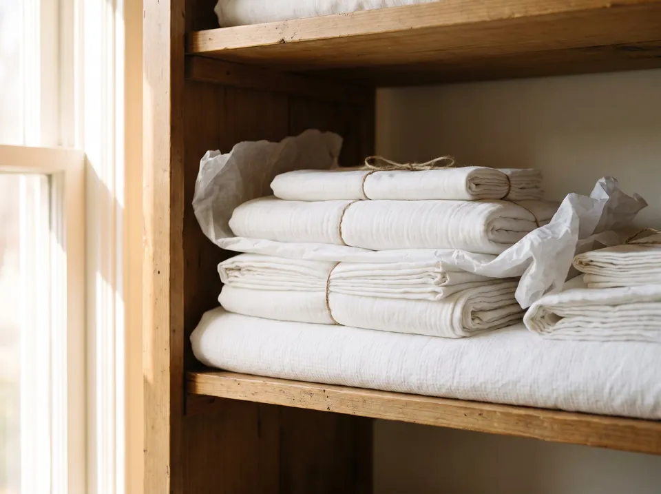 Holiday tablecloths and napkins on a closet shelf, wrapped in white cotton muslin and white acid-free tissue paper and resting on a cotton sheet laid over the shelf.