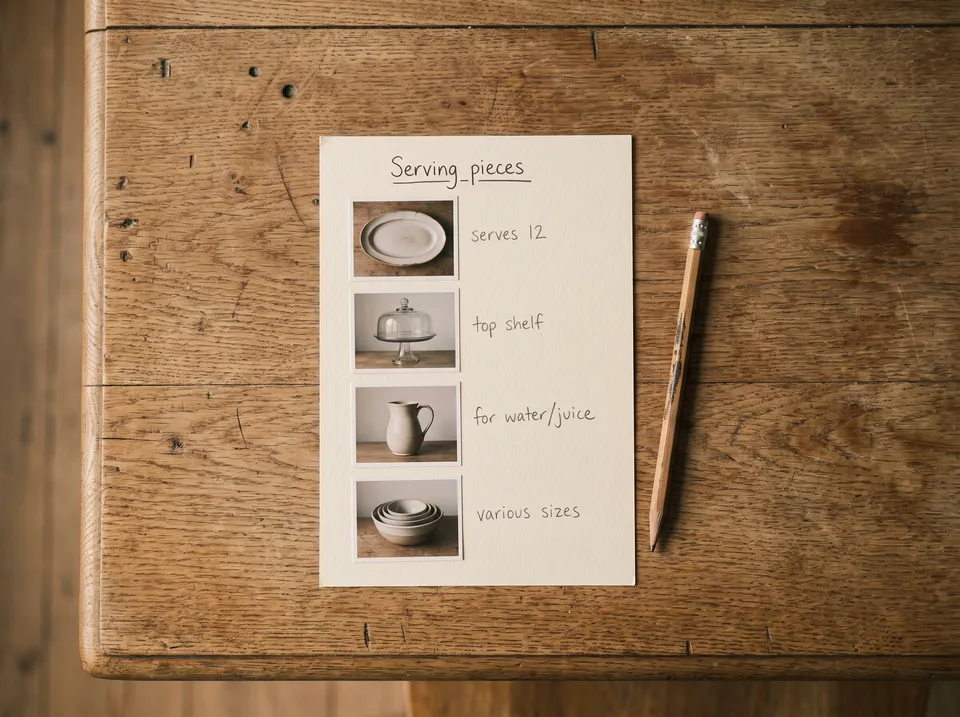 A printed one-page inventory sheet titled Serving pieces with small photos of a platter, a cake stand, a pitcher and bowls, each with a handwritten note like serves 12 or top shelf, and a pencil.
