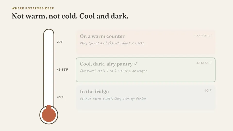 A hand-drawn thermometer settles through three zones: a warm counter, where potatoes sprout and shrivel in about 2 weeks; the fridge, where starch turns sweet and they cook up darker; and a cool, dark, airy pantry, the sweet spot for 1 to 2 months or longer.