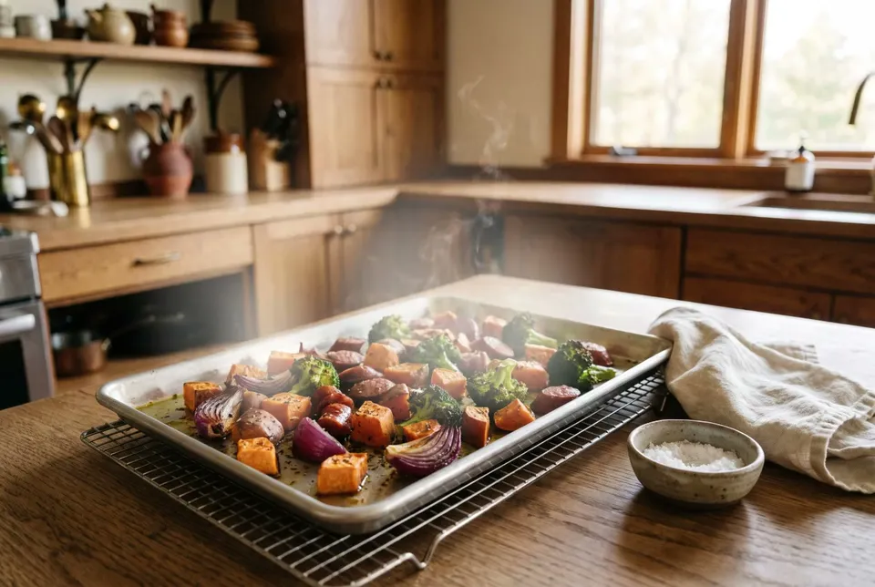 A rimmed aluminum half-sheet pan on a wire rack holding roasted sweet potato, red onion wedges, broccoli and sliced sausage in a single layer, with a linen towel and a bowl of salt.