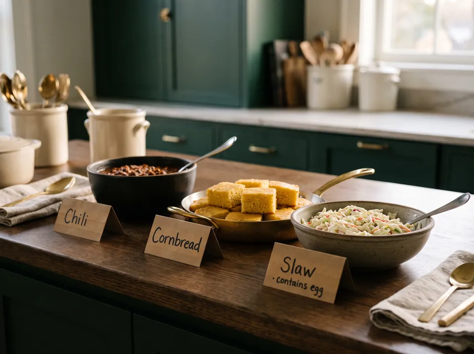 A buffet with three dishes, each with a folded masking-tape label in front of it reading Chili, Cornbread and Slaw · contains egg, serving spoons resting in each.