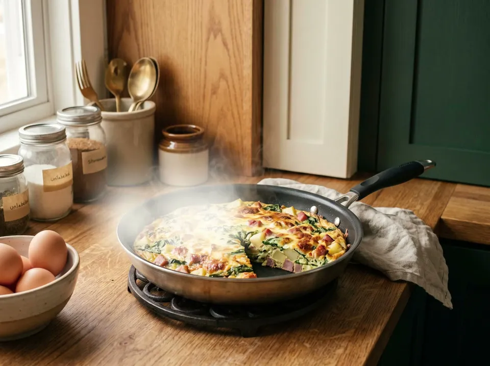 A golden frittata with spinach, potato and ham in a nonstick skillet on a trivet, the cheese browned on top and one wedge cut out.