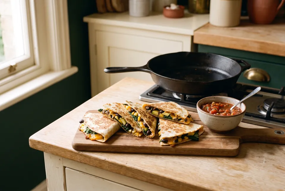 Black bean and vegetable quesadillas cut into wedges on a wooden board, black beans, zucchini, corn, spinach and melted cheddar inside, a bowl of salsa and a cast-iron skillet behind.