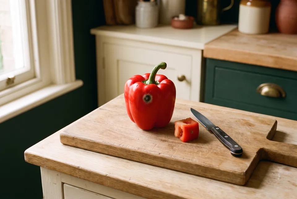 A red bell pepper on a wooden cutting board with a generous cube cut out of it set to one side, a paring knife beside it.