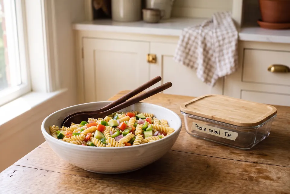 A white stoneware bowl of rotini pasta salad with cucumber, tomato, green pepper and red onion, wooden servers in the bowl, and a labeled glass container beside it on a wooden table.