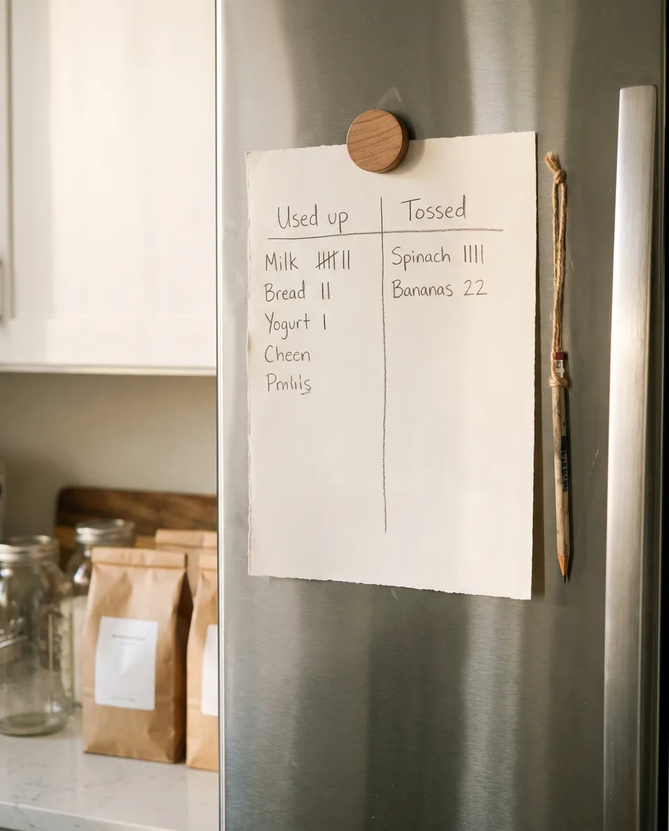 A handwritten two-column sheet headed Used up and Tossed held to a refrigerator with a magnet, with tally marks next to milk, bread, yogurt, spinach and bananas and a pencil on a string.
