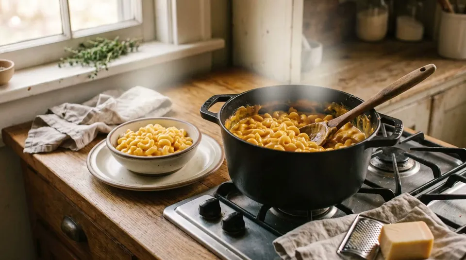 A pot of creamy macaroni and cheese with an orange cheddar sauce on the stove, steam rising, a wooden spoon in it and a bowl served beside it.