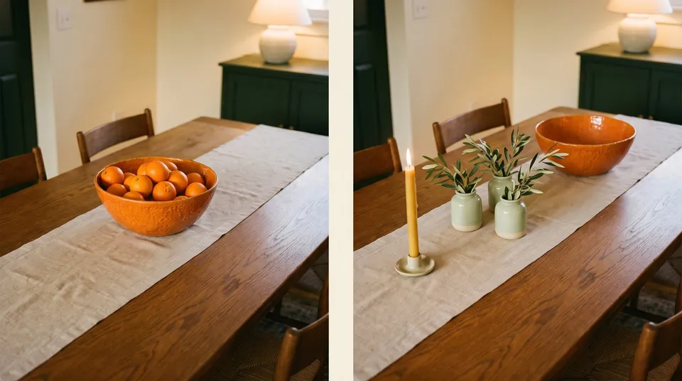 The same table twice: one big orange bowl of oranges alone at one end, then the same bowl balanced at the far end by three small pale green jars and a tall candle.