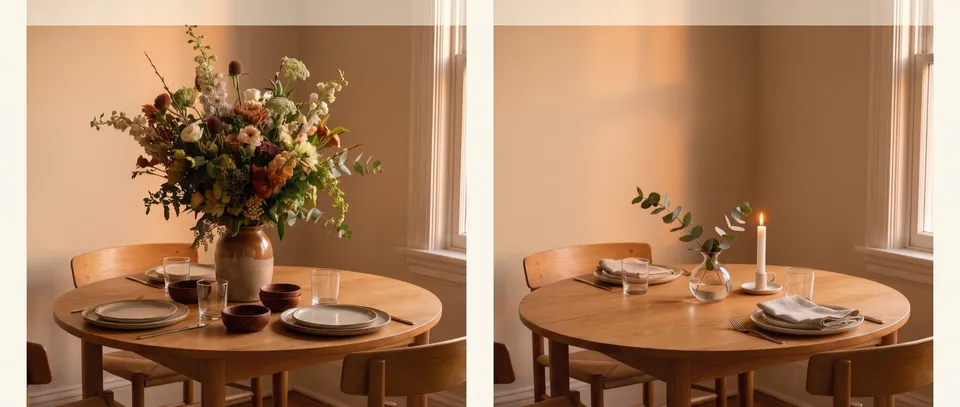 Two views of a small round table for two: one overwhelmed by a huge flower arrangement that crowds the plates, and one with a single low bud vase and a candle.