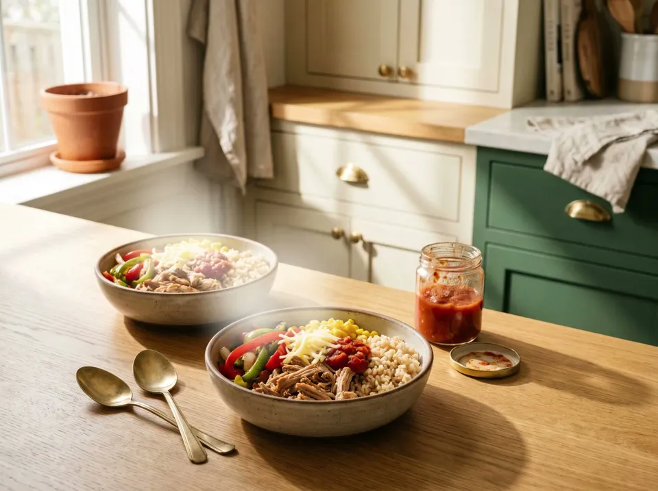 Two stoneware bowls on a sunny kitchen counter with brown rice, shredded pork, sautéed red and green peppers, corn, salsa and shredded cheese, two brass spoons and an open jar of salsa beside them.