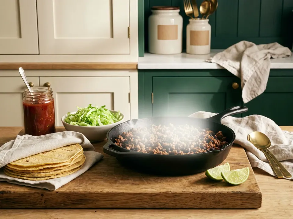 A cast-iron skillet of seasoned ground beef stretched with beans beside warm corn tortillas, shredded lettuce, salsa and lime wedges on a wooden board.