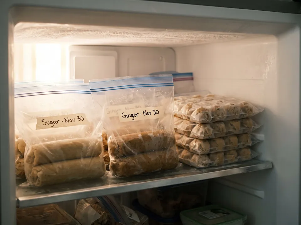 A freezer shelf of cookie dough rolled into logs in zip-top bags labeled on masking tape Sugar, Nov 30 and Ginger, Nov 30, beside flat bags of scooped dough balls.