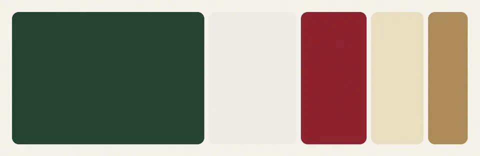 A color strip for a winter table: a wide band of deep evergreen, then smaller bands of white, cranberry red, candle ivory and brass.