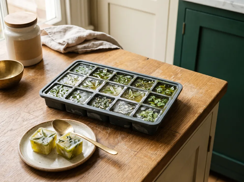 A silicone ice-cube tray on an oak counter filled with chopped green herbs frozen in olive oil, a few cubes popped out onto a small stoneware plate.