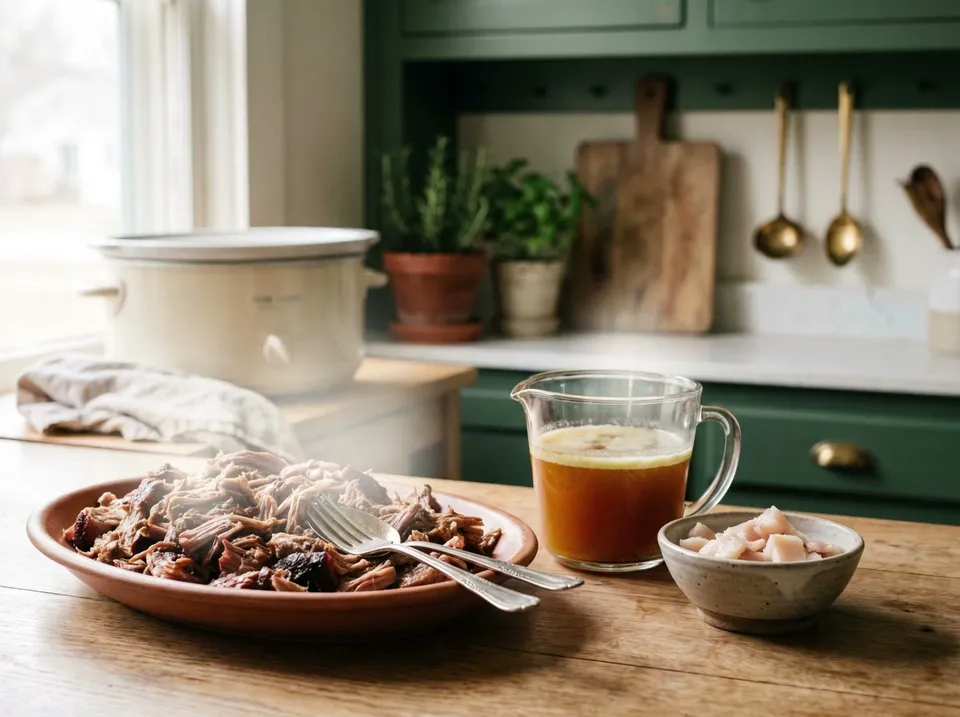 A platter of freshly shredded slow-cooked pork shoulder with two forks resting in it, a glass measuring cup of amber cooking juices with a pale layer of fat on top, a small bowl of trimmed fat and a cream slow cooker behind.