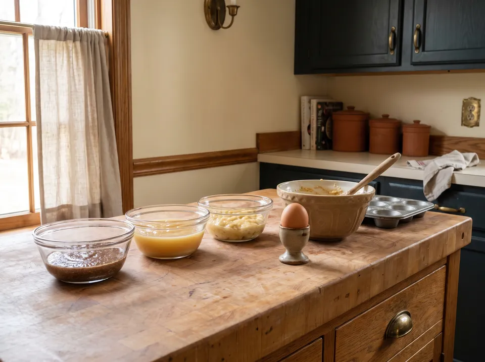 Three small glass bowls on a butcher-block counter holding flaxseed gel, applesauce and mashed banana, a brown egg in an egg cup, and a bowl of muffin batter with a wooden spoon.
