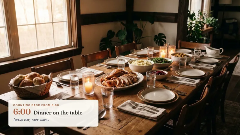 Photos step backward through the day: dinner on the table at 6:00, the entry ready at 5:30, carving at 5:15, the turkey resting at 4:45, potatoes held warm at 4:00, the turkey into the oven at 1:45, the table set the night before, and the thaw three days earlier.