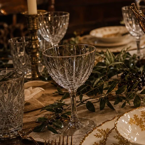 Cut crystal on the Winter Solstice Supper table: a goblet with fan-shaped cuts, a tumbler with a starburst pattern and a diamond-cut tumbler behind, beside a brass candlestick and olive branches.