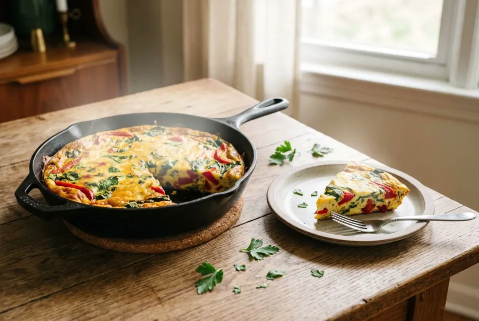 A golden frittata with red pepper, spinach and melted cheese in a cast-iron skillet on a cork trivet, one wedge on a plate beside it with a fork.