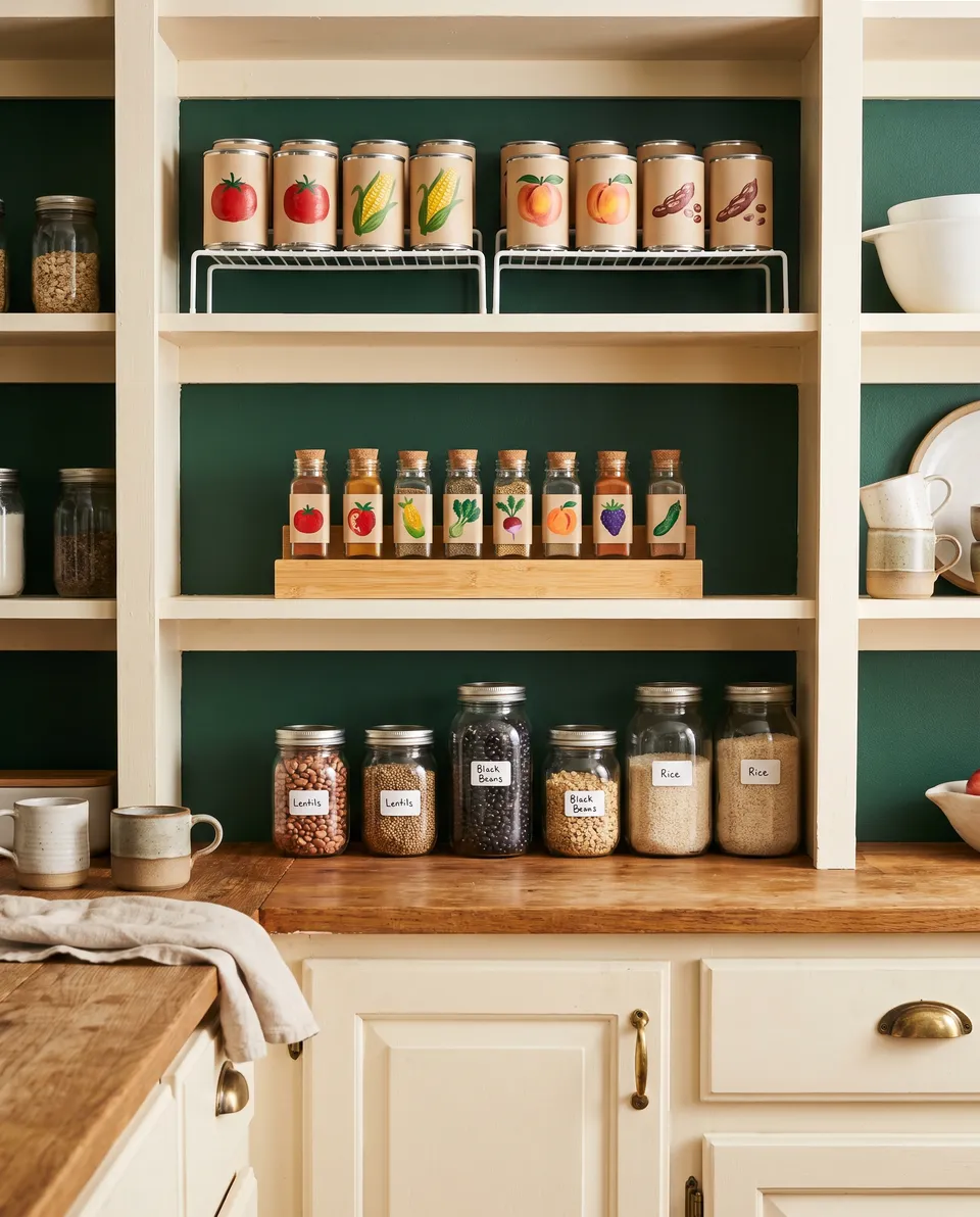 Shallow open shelves against an evergreen wall: cans on white wire risers with labels facing out, small spice jars on a wooden step, and labeled glass jars of lentils, beans and rice below.