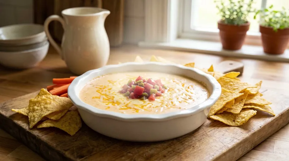 A white ceramic dish of warm, smooth cottage cheese queso with melted shredded cheese and diced tomatoes and green chilies on top, steam rising, surrounded by tortilla chips and carrot sticks.