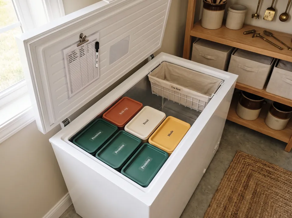 An open chest freezer with colorful labeled lift-out bins and a hanging top basket marked Use first.