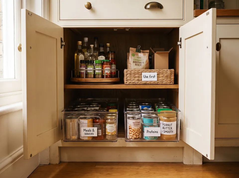 The same deep cupboard after the reset: two clear pull-out bins labeled Meals & sauces and Proteins on the floor, a two-tier turntable of oils and jars and a Use first basket on the shelf above.