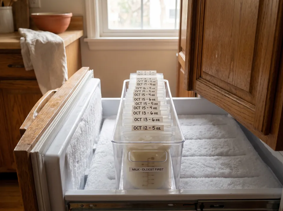 A clear bin of flat-frozen breast milk bags filed upright by date, oldest at the front.