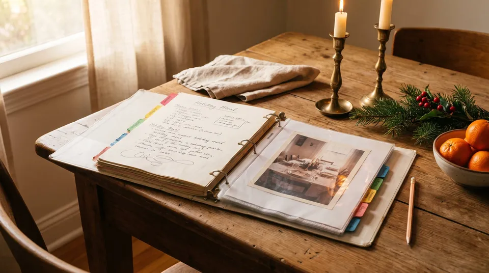 An open three-ring binder with colored index tabs on a dining table, a handwritten page and a printed photo of a set table in a clear sleeve, with brass candlesticks, a linen napkin, an evergreen sprig and a bowl of clementines around it.