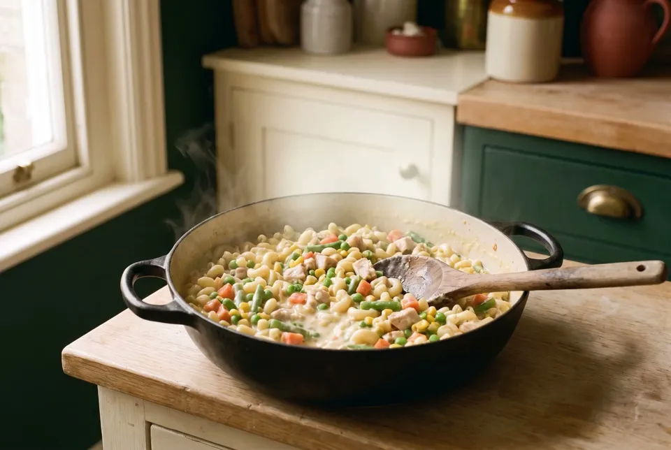 A pot of macaroni and cheese stirred together with peas, carrots, corn, green beans and chopped cooked chicken, a wooden spoon in it.