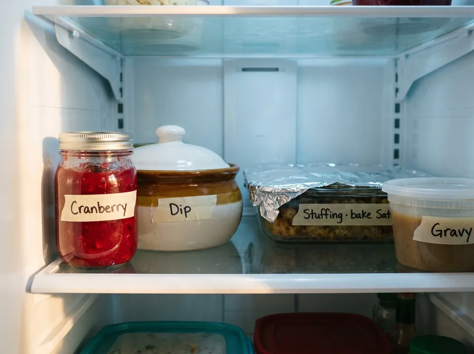A refrigerator shelf of make-ahead dishes, each labeled with masking tape: a jar of cranberry sauce, a covered bowl of dip, a foil-covered dish of stuffing marked bake Sat, and a container of gravy.