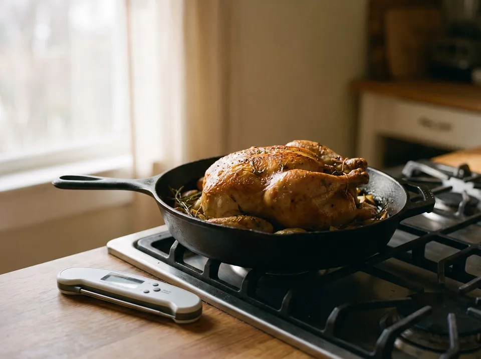 A whole golden roast chicken in a cast-iron skillet on a stovetop, an instant-read thermometer beside the skillet.