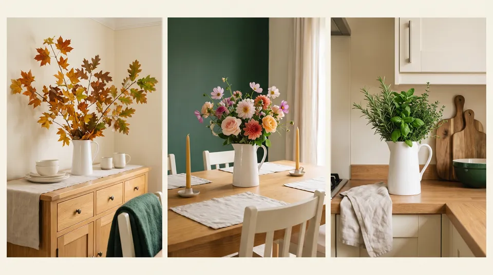 The same white pitcher holding autumn branches on a sideboard, garden flowers on the dining table, and a big bunch of herbs on the counter.