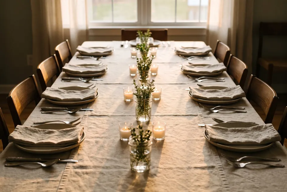 A long table set for ten with the same unit repeated at even intervals down the middle: a glass jar of herbs between two votive candles.
