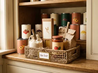 A shallow woven basket on a pantry shelf tagged Use first, holding an opened bag of rice closed with a clip and a half box of pasta.