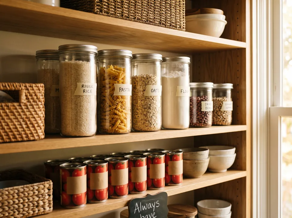 A pantry shelf of staples in clear labeled canisters (rice, pasta, oats, flour, dried beans) and a row of canned tomatoes, with a small chalkboard tag reading Always have.