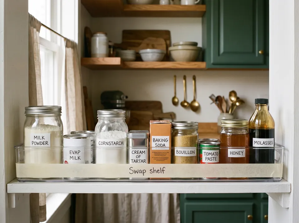 A clear bin on a pantry shelf labeled Swap shelf holding powdered milk, evaporated milk, cornstarch, cream of tartar, baking soda, bouillon, tomato paste, honey and molasses, labels facing out.