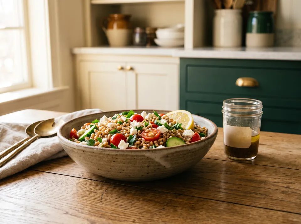A wide stoneware bowl of farro salad with cherry tomatoes, cucumber, parsley, crumbled feta and a lemon wedge, with a small jar of vinaigrette beside it.